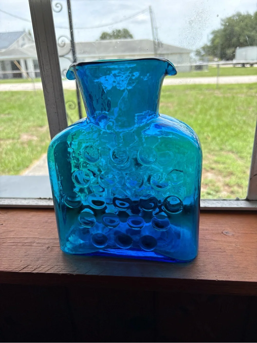 Blenko Midnight Blue Double Spout Water Pitcher 384 Optic Dots MCM Art Glass